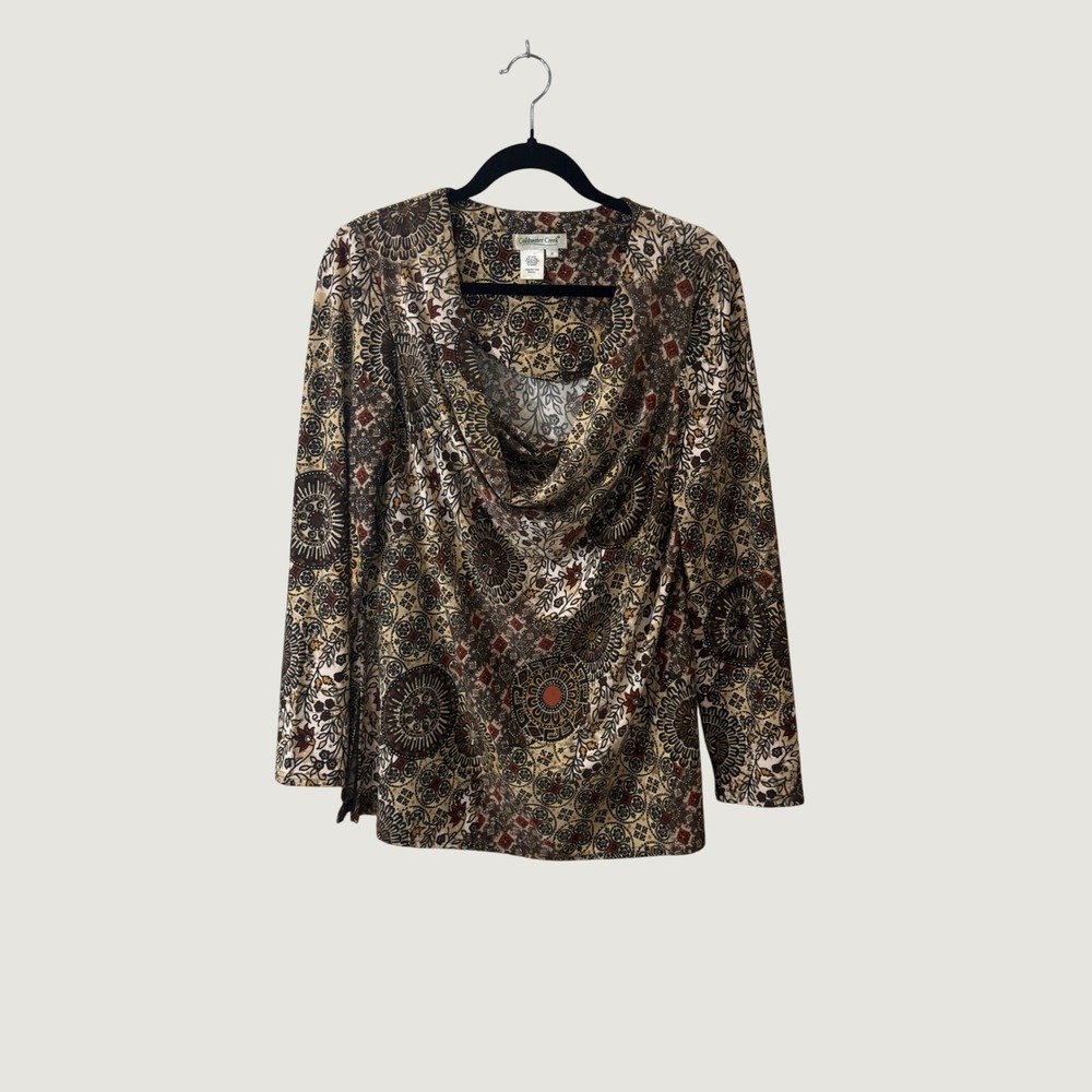 Coldwater Creek Cowl Neck Top Brown Medallion Floral Print Size M Fall Layering